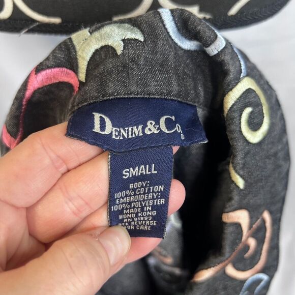 Denim & Co Black Button Front Denim Tunic Cotton Shirt Embroidered Size Small - Picture 4 of 10